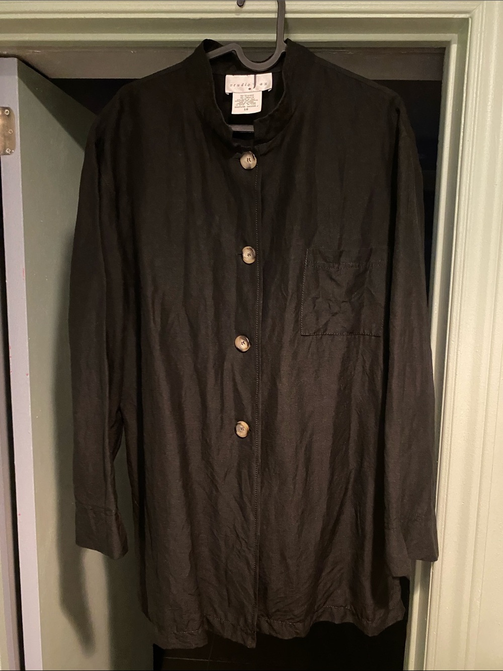 Women's Black Silk & Linen Mandarin-Collar Button Tunic Size 16